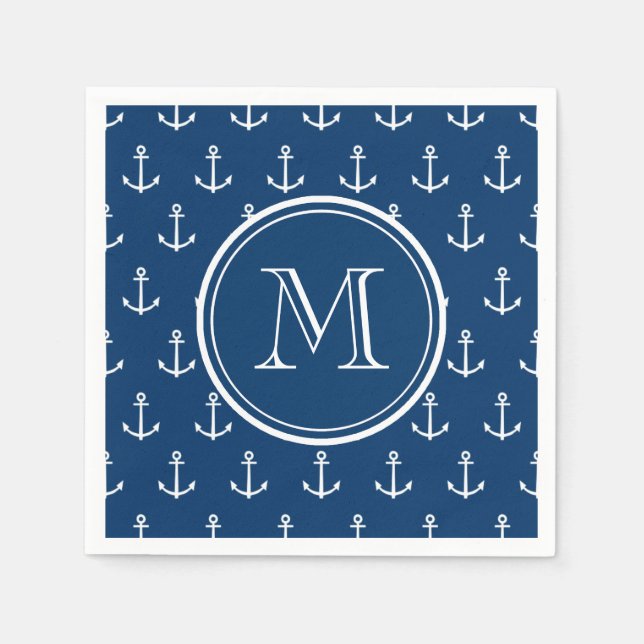 Navy Blue White Anchors Pattern, Your Monogram Napkins (Front)