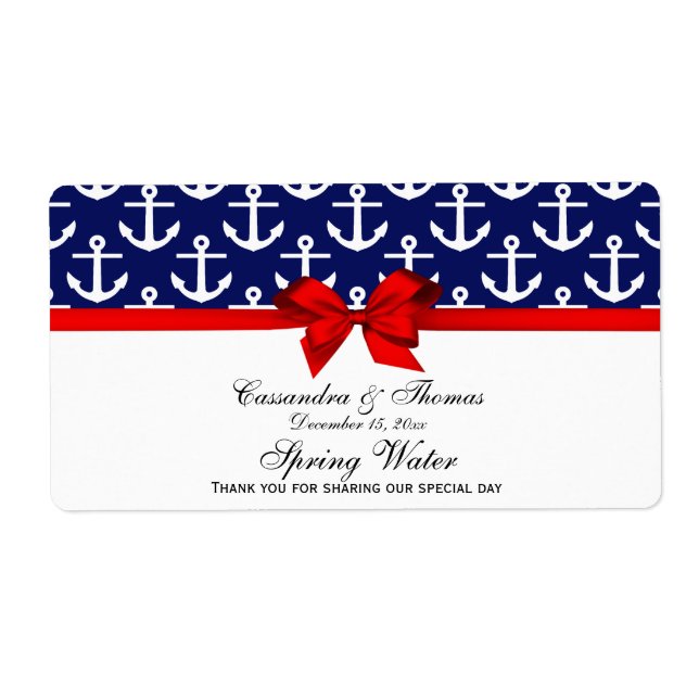Navy Blue, White Anchors Red Bow Party Water Label (Front)