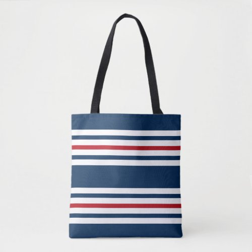 Navy Blue White and Red Striped Tote Bag