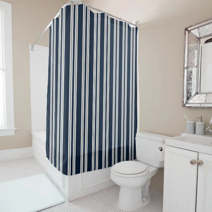 Navy Blue White And Silver Gray, Navy Blue And Gray Striped Shower Curtain