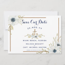 Navy Blue &amp; White Anemone Nautical Anchor Wedding Save The Date