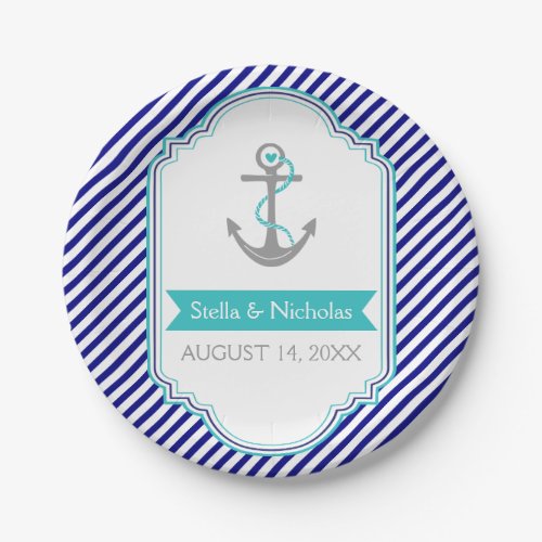 Navy blue white aqua anchor nautical wedding paper plates