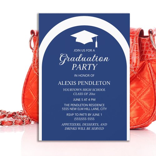 Navy Blue White Arch High School Graduation Cap Invitation