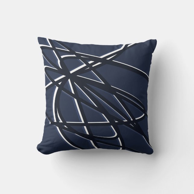 Navy Blue & White Artistic Abstract Linear Design Throw Pillow (Front)