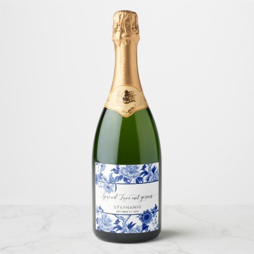 Navy Blue White Asian Floral Bird Leaf Sanitizer Sparkling Wine Label