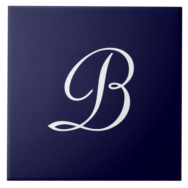 Navy Blue & White B Monogram script text Ceramic Tile (Front)