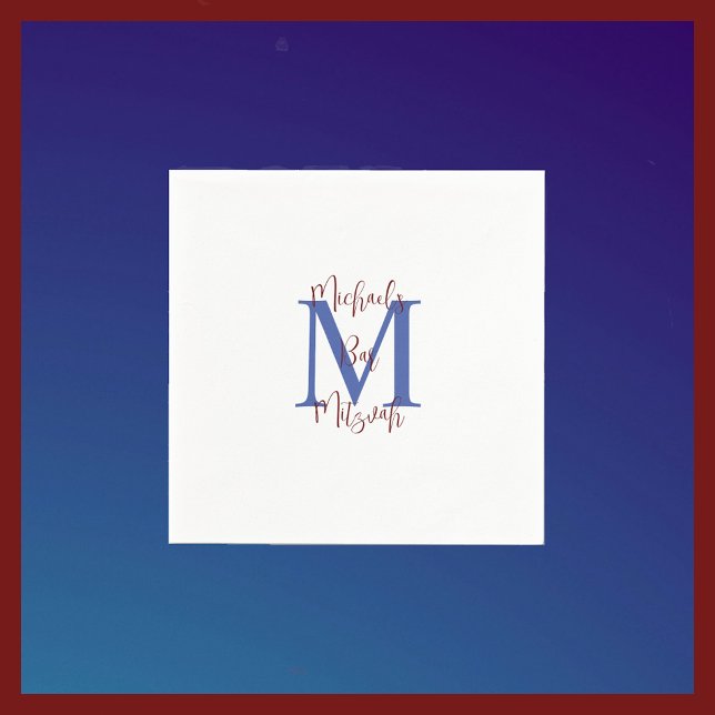 Navy Blue White Bar Mitzvah Name Monogram  Napkins (Creator Uploaded)