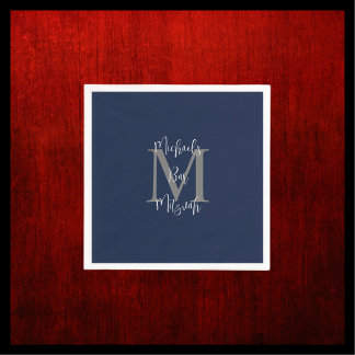 Navy Blue White Bar Mitzvah Name Monogram  Napkins