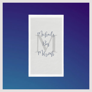 Navy Blue White Bar Mitzvah Name Monogram  Paper Guest Towels