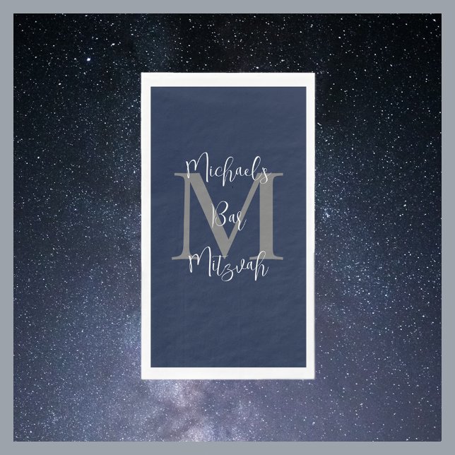 Navy Blue White Bar Mitzvah Name Monogram  Paper Guest Towels (Creator Uploaded)