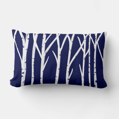 Navy Blue  White Birch Tree Forest Christmas Lumbar Pillow