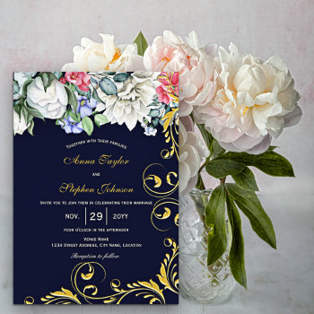 Navy Blue White Blue Pink Gold Swirls Botanical Invitation by SocialiteDesigns at Zazzle