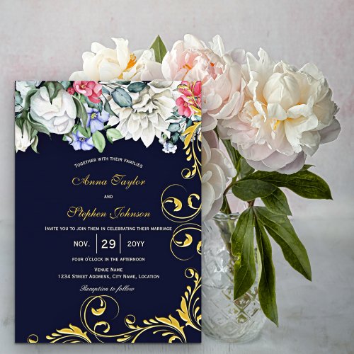 Navy Blue White Blue Pink Gold Swirls Botanical Invitation