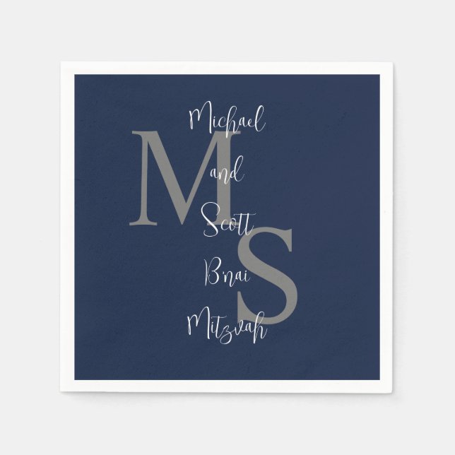 Navy Blue White B'nai Mitzvah Name Monogram  Napkins (Front)