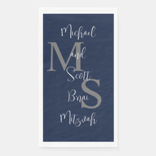 Navy Blue White B'nai Mitzvah Name Monogram  Paper Guest Towels