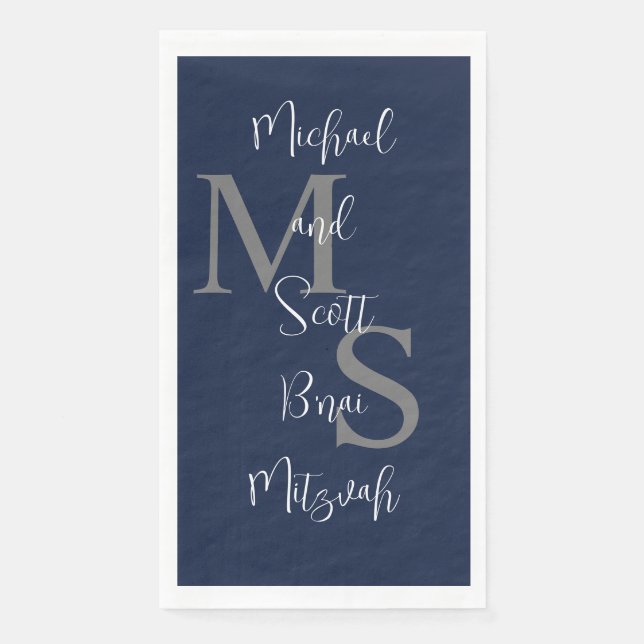 Navy Blue White B'nai Mitzvah Name Monogram  Paper Guest Towels (Front)