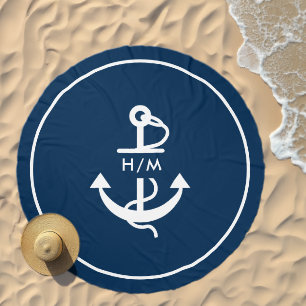 Navy Blue White Boat Anchor Beach Towel 2 Beach Towel