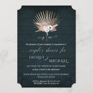 Navy Blue White BOHO Tropical Floral Couple Shower Invitation