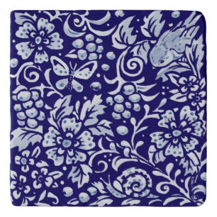 Navy Blue White Bold Floral Bird Chinoiserie Trivet
