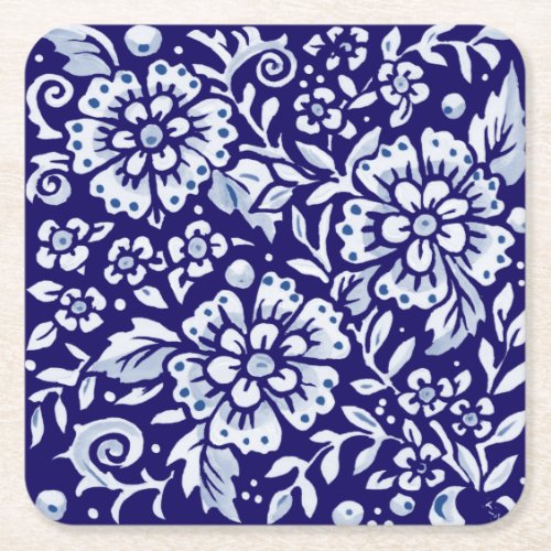 Navy Blue White Bold Floral Chinoiserie Design Square Paper Coaster