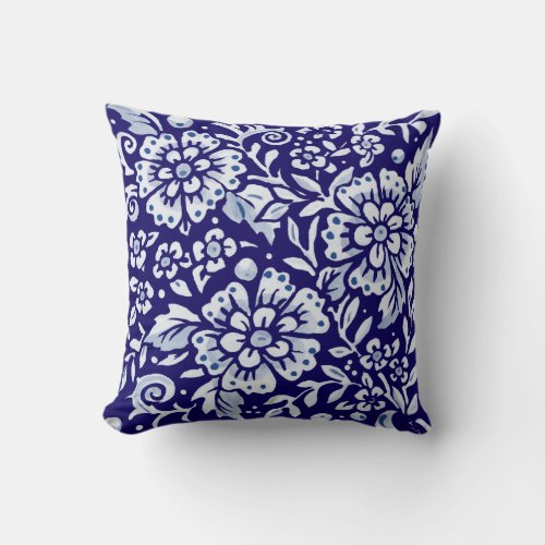 Navy Blue White Bold Floral Chinoiserie Design Throw Pillow