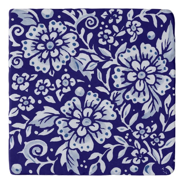 Navy Blue White Bold Floral Chinoiserie Design Trivet (Front)