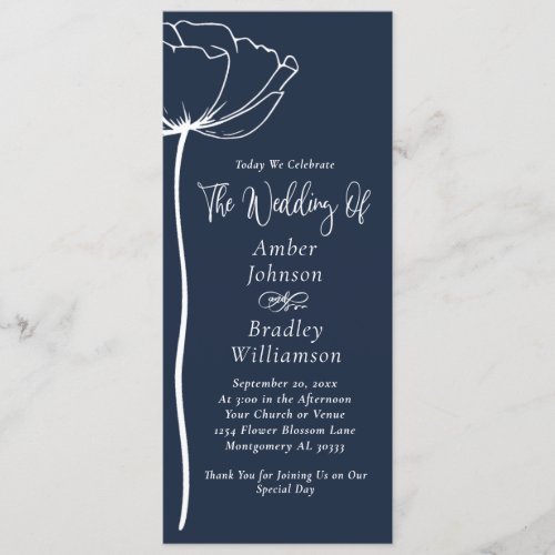 Navy Blue White Bold Floral Modern Simple Wedding  Program