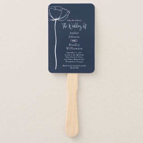 Navy Blue White Bold Minimal Modern Floral Program Hand Fan