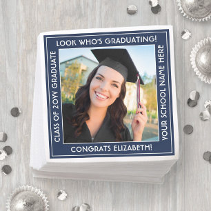 Navy Blue & White Border Graduation Party Photo Napkins