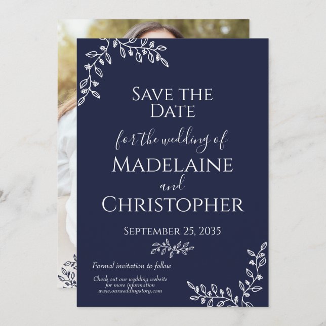 Navy Blue White Botanical Boho Photo Wedding Save The Date (Front/Back)