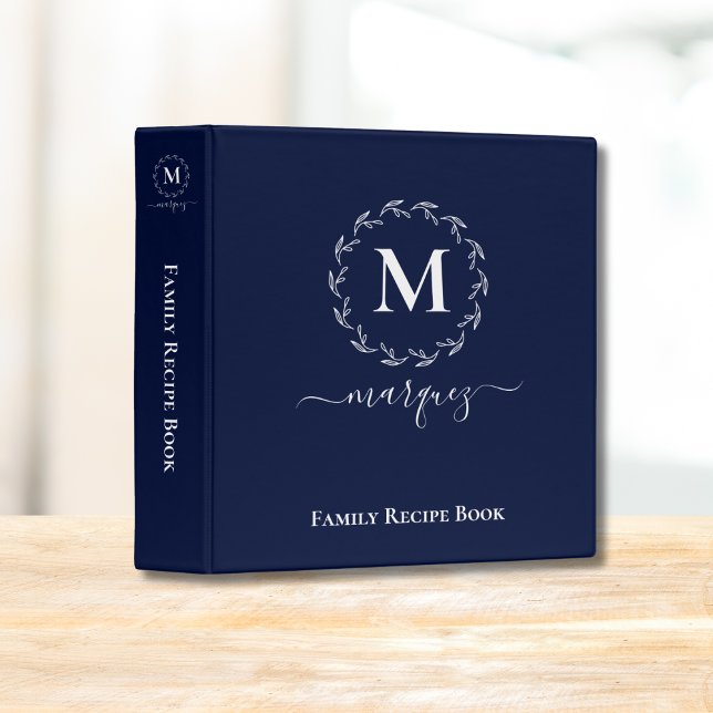 Navy Blue White Botanical Wreath Monogram 3 Ring Binder (Creator Uploaded)