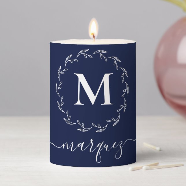Navy Blue White Botanical Wreath Monogram Pillar Candle (In Situ)