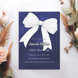 Navy blue white bow Birthday Invitation