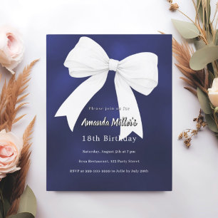 Navy blue white bow Birthday invitation