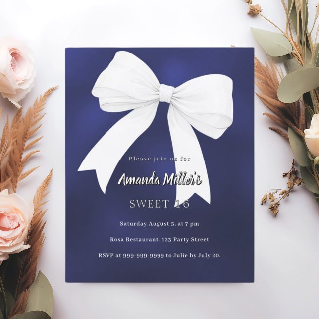 Navy blue white bow Sweet 16 invitation (Creator Uploaded)