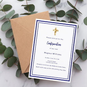 Navy blue white boy Confirmation Invitation