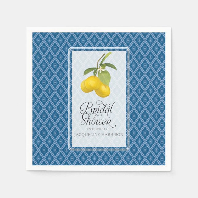 Navy Blue White Bridal Shower Lemon Citrus Pattern Paper Napkins (Front)