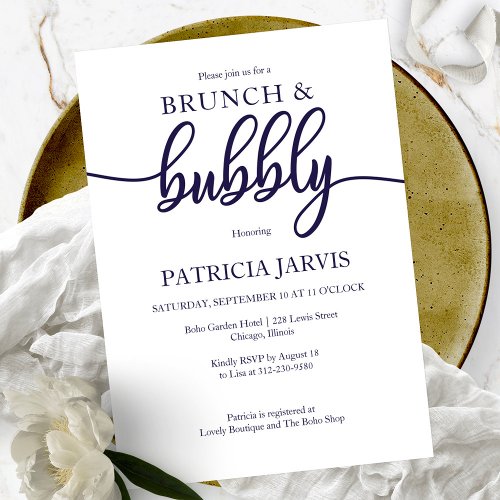 Navy Blue White Brunch And Bubbly Bridal Shower Invitation