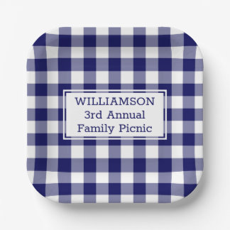 Navy Blue White Buffalo Check Family Picnic Paper Plates