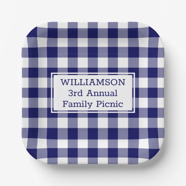 Navy Blue White Buffalo Check Family Picnic Paper Plates (Front)