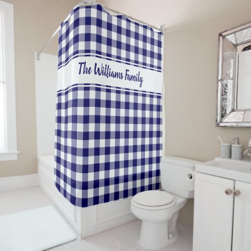 Navy Blue White Buffalo Plaid Pattern Custom Name Shower Curtain