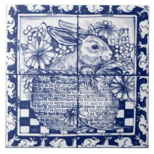 Navy Blue White Bunny Rabbit Dedham Delft Vintage Ceramic Tile