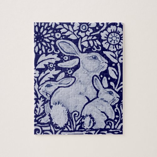 Navy Blue  White Bunny Rabbit Family  Flowers Jigsaw Puzzle
