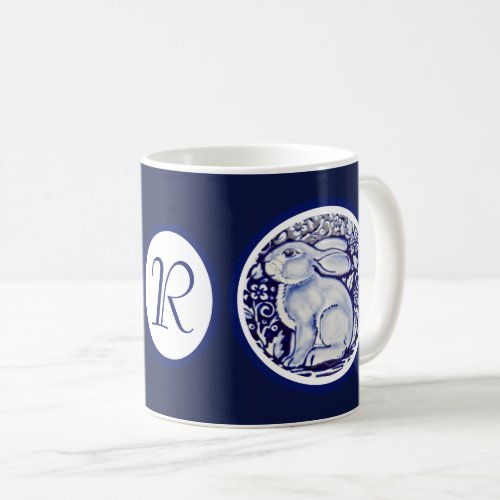 Navy Blue White Bunny Rabbit Floral Monogram Art Coffee Mug