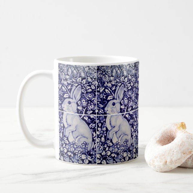 Navy Blue White Bunny Rabbit & Strawberries Sweet Coffee Mug (With Donut)