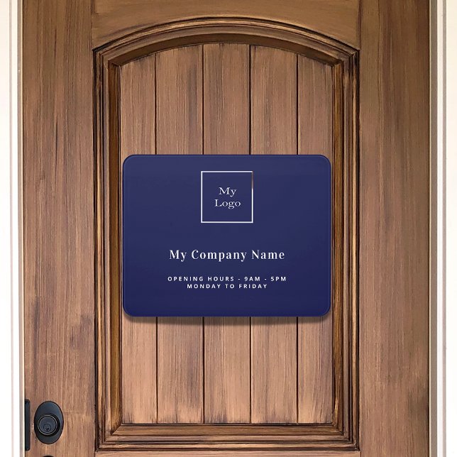 Navy blue white business logo name opening hours  door sign (Creator Uploaded)
