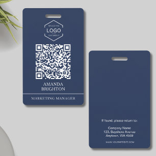 Navy Blue White Business Logo QR Code Badge