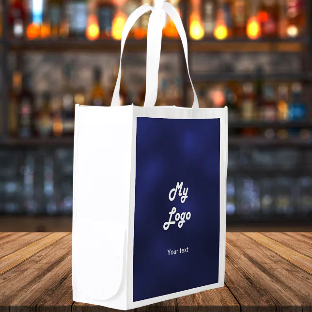 Navy blue white business logo text grocery bag | Zazzle