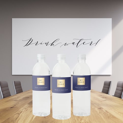 Navy blue white business logo water bottle label