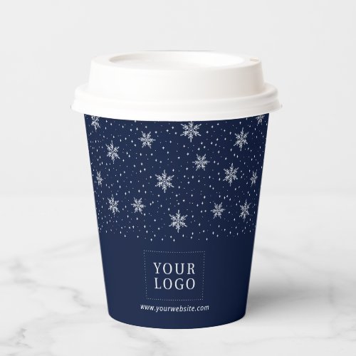 Navy Blue  White  Business Logo Winter Holiday Paper Cups